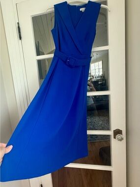 Calvin Klein Royal Blue Sleeveless V-Neck Belted Midi Dress